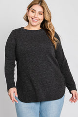 Charcoal Ribbed Long Sleeve Curved Hem Plus Top