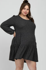 Charcoal Brushed Knit Tiered Maternity Plus Dress