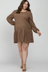 Mocha Brushed Knit Tiered Maternity Plus Dress