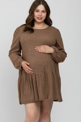 Mocha Brushed Knit Tiered Maternity Plus Dress