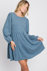 Blue Brushed Knit Tiered Dress