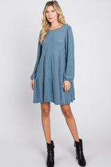 Blue Brushed Knit Tiered Dress