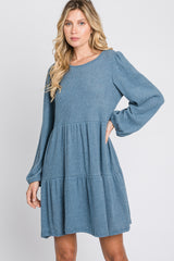 Blue Brushed Knit Tiered Dress