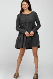 Charcoal Brushed Rib Button Accent Dress