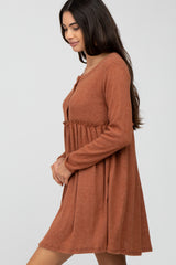 Rust Brushed Rib Button Accent Dress