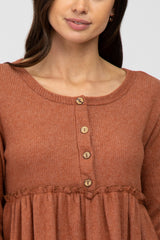 Rust Brushed Rib Button Accent Dress