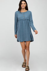 Blue Brushed Rib Button Accent Maternity Dress