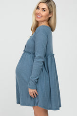 Blue Brushed Rib Button Accent Maternity Dress