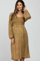 Yellow Printed Smocked Long Sleeve Maternity Dress