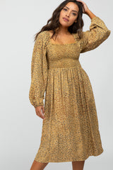 Yellow Printed Smocked Long Sleeve Dress