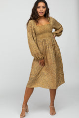 Yellow Printed Smocked Long Sleeve Maternity Dress