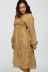 Yellow Printed Smocked Long Sleeve Dress