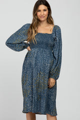 Blue Printed Smocked Long Sleeve Maternity Dress