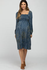 Blue Printed Smocked Long Sleeve Maternity Dress