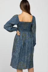 Blue Printed Smocked Long Sleeve Maternity Dress