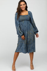 Blue Printed Smocked Long Sleeve Dress