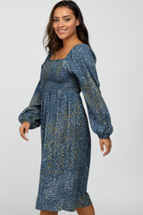 Blue Printed Smocked Long Sleeve Dress