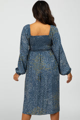 Blue Printed Smocked Long Sleeve Dress