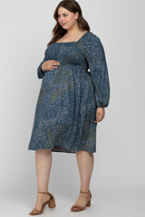 Blue Printed Smocked Long Sleeve Maternity Plus Dress