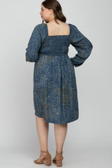 Blue Printed Smocked Long Sleeve Maternity Plus Dress