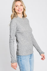 Heather Grey Ribbed Long Sleeve Ruffle Trim Top