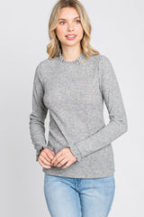 Heather Grey Ribbed Long Sleeve Ruffle Trim Top