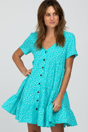 Aqua Floral Button Front Tiered Dress