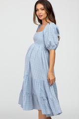 Blue Plaid Square Neck Maternity Midi Dress