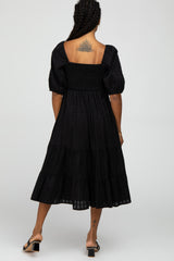 Black Plaid Square Neck Midi Dress