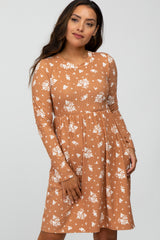 Camel Floral Print Long Sleeve Dress