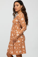 Camel Floral Print Long Sleeve Dress