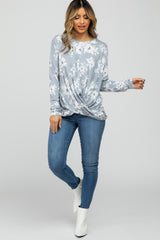 Grey Floral Knot Front Hem Top