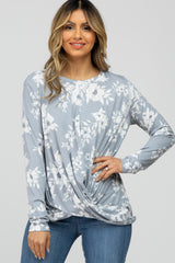 Grey Floral Knot Front Hem Top