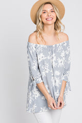 Grey Floral Off Shoulder 3/4 Tie Sleeve Top