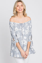 Grey Floral Off Shoulder 3/4 Tie Sleeve Top