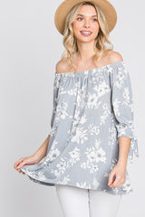 Grey Floral Off Shoulder 3/4 Tie Sleeve Top