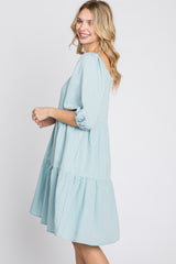 Light Blue Striped Square Neck Puff Sleeve Dress