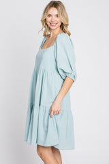 Light Blue Striped Square Neck Puff Sleeve Dress