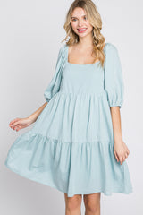 Light Blue Striped Square Neck Puff Sleeve Dress