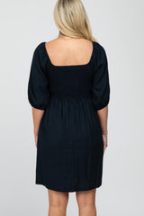 Navy Blue Linen Square Neck Smocked Top Maternity Dress