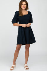 Navy Blue Linen Square Neck Smocked Top Dress