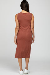 Rust Striped Ribbed Sleeveless Midi Dress