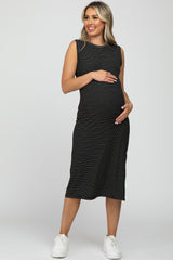 Black Striped Ribbed Sleeveless Maternity Midi Dress