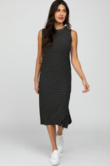 Black Striped Ribbed Sleeveless Maternity Midi Dress