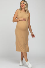 Camel Striped Ribbed Sleeveless Maternity Midi Dress