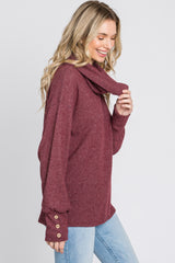 Burgundy Brushed Cowl Neck Button Accent Top