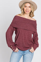 Burgundy Brushed Cowl Neck Button Accent Maternity Top