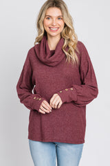 Burgundy Brushed Cowl Neck Button Accent Top