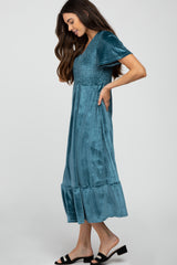 Teal Velvet Smocked Midi Dress