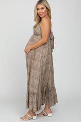 Taupe Printed Tie Back Maternity Maxi Dress